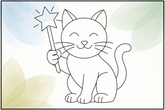 Cat Magic Wand Line Art