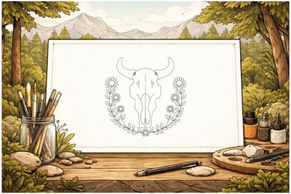 Cow Skull Wildflower Line Art