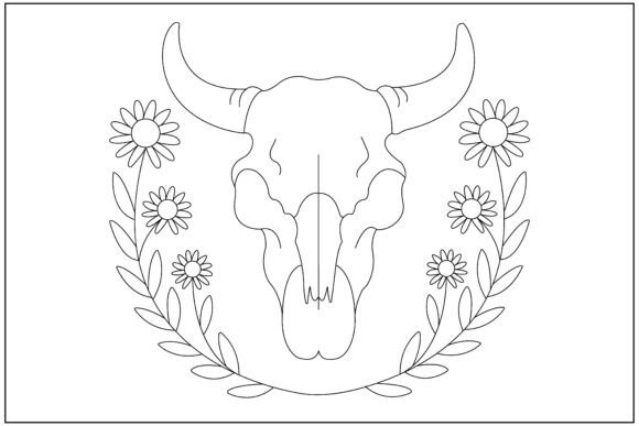 Western Skull Flower Frame Line Art